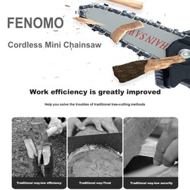 Mini Chainsaw Cordless, FENOMO Portable 4 Inch One-Handheld Electric Chainsaw | Rechargeable 24V Battery Powered Chain Saw Kit for Tree Pruning Trimming and Wood Cutting(Black)