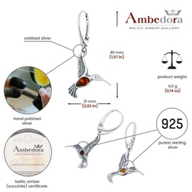 AMBEDORA Women's Silver Hummingbird Earrings with Amber, Oxidised Sterling Silver, Baltic Amber in Cognac Colour