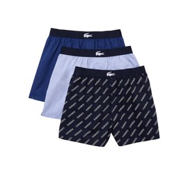 Lacoste Men's 100% Cotton Diagonal Print Boxers, 3-pack, Blue/Silver/Navy Blue, Medium