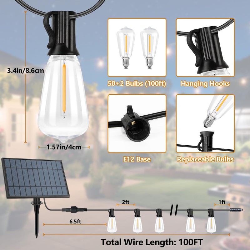 100FT Outdoor Solar String Lights with Remote, USB Rechargeable LED