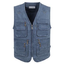 OU YA WOLF Men's Fishing Vest Stone Washed Denim Multi Pockets Outdoor Casual Work Utility Travel Photo Hunting Cargo Vests