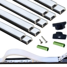 THMOOTHER LED Strip Pre-Drilled Black U Channel Diffuser 10-Pack 3.28FT,Surface Mounted Tape Light Aluminum Track with Continuous Silicone Cover. Flush Installed Low Profile (Black, 10X3.3FT)