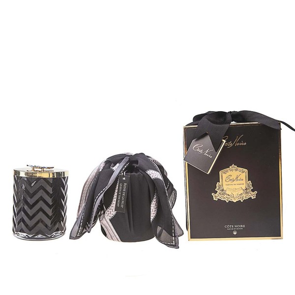 Cote Noire-Black Herringbone Candle with Scarf Black & Gold and Red Bee Lid