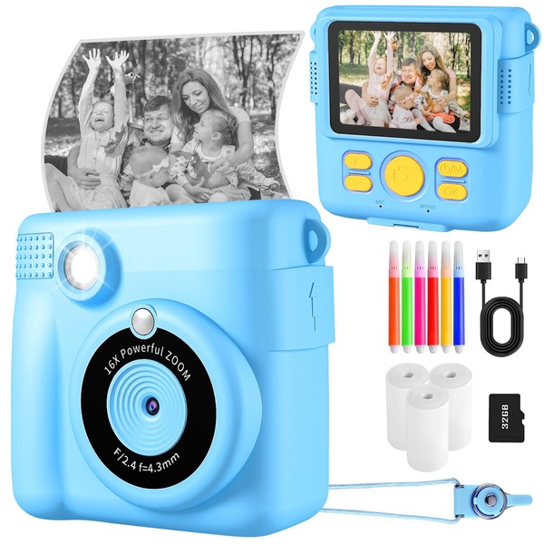 Instant Print Camera, Kids Camera 1080P HD Digital Camera with 32G SD Card, 3 Rolls Photo Paper for Age 3-12 Boys Girls Christmas Birthday Gifts Photo and Video Recording