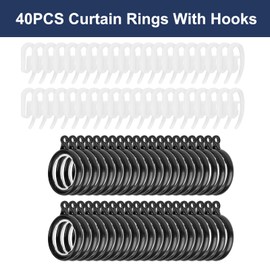 40 Pack Curtain Rings and Hooks, KissDate Black 36mm Hanging Rings Hooks Plastic Black Curtain Rings with Hooks for Hanging Curtains Drape Sliding Eyelet Rings