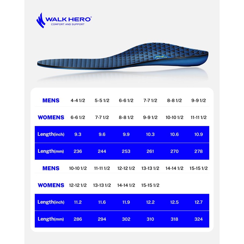 WalkHero Plantar Fasciitis Relief Insoles, High Arch Support Shoe Inserts