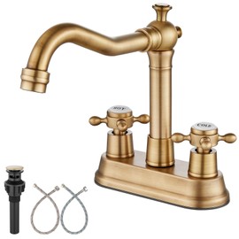 Aolemi 4 Inch Centerset Bathroom Sink Faucet Vintage 2 Cross Handles RV Mixer Tap Basin Vanity Lavatory Utility for Sink 3 Hole Include Water Hose Pop Up Drain with Ceramic Cover Antique Brass