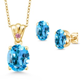 18K Yellow Gold Plated Silver Swiss Blue Topaz and Pink Lab Grown Diamond Pendant and Earrings Jewelry Set For Women (7.04 Cttw, Gemstone Birthstone, Oval 11X9MM and 8X6MM with 18 Inch Silver Chain)