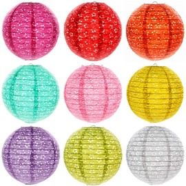 DUOLEIMI Lantern Bon Paper Lanterns, Openwork Carving, Paper Lanterns, Bon Decoration, LED Included, Colorful Set of 10 (Round)