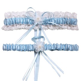 Rimobul 2 Pieces Wedding Garters Lace Bridal Garter Faux Pearls Garter for Bride with Toss Away（Light Blue）