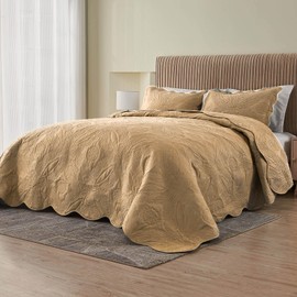 Kingnex Oversized King Bedspreads 128x120 for Extra Wide Tall King or Cal King Bed Ultrasonic Quilted Coverlet Set 3 Piece Include 1 Quilt 2 Pillowcases Beige