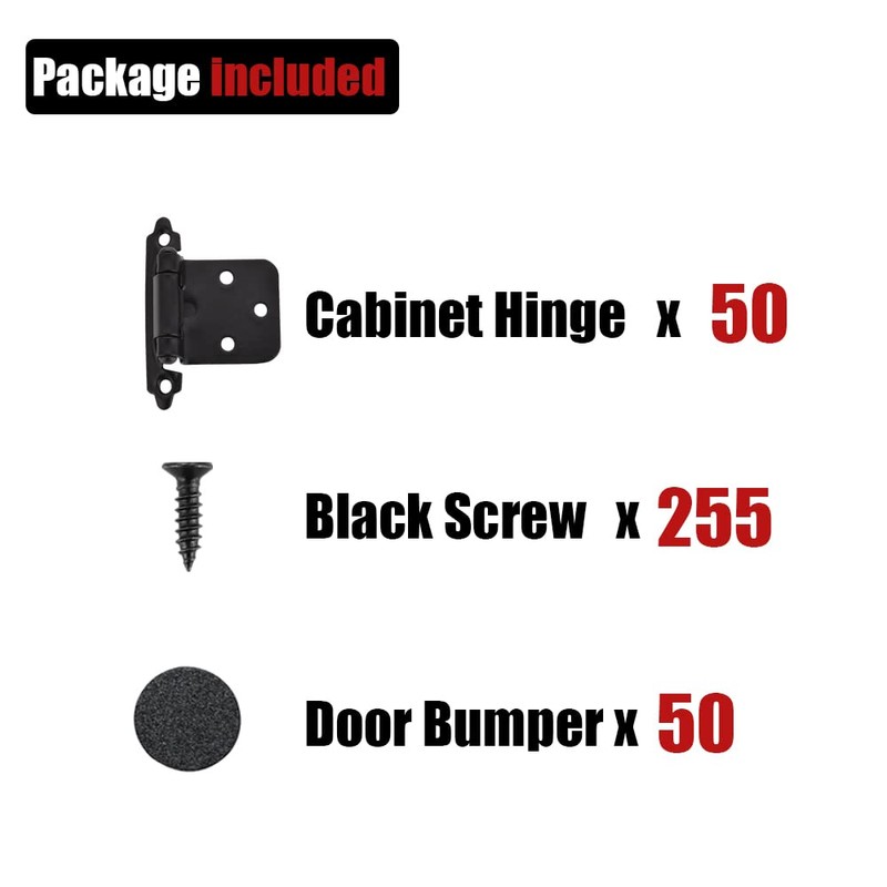 JQK 1/2 Inch Overlay Cabinet Door Hinges Black, 50 Pack