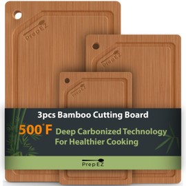 Heavy Duty Bamboo Cutting Boards for Kitchen 3 Piece Wooden Cutting Board Set with Deep Juice Grooves | Durable Carbonized Meat Cutting Board for Chopping Vegetables Poultry and Meal Prep