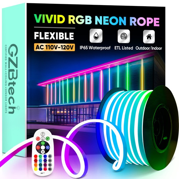 GZBtech RGB LED Neon Rope Lights 50FT/15M, AC 110-120V Waterproof Color Changing LED Rope with Remote Controller, Dimmable Multi Color Neon Rope Lighting for Indoor Outdoor Commercial Use
