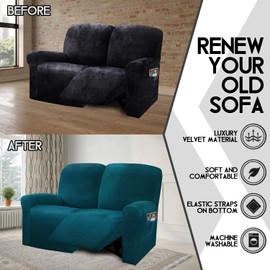 ULTICOR Reclining Love Seat Slipcover, 48" - 65" L, 6-Piece Velvet Stretch Loveseat Reclining Sofa Covers, 2 seat Love seat Recliner Cover, Thick, Soft, Washable (Deep Teel)