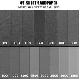 Sandpaper 120 to 3000 Grits, 45 Sheets Sand Paper Assorted for Cars Polishing Metals Walls Wood Furniture Sanding, 9x3.6 Inch Wet and Dry Sandpaper