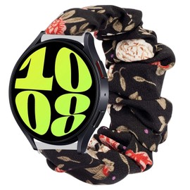 Compatible with Galaxy Watch 6 Band, Lamshaw Fabric Elastic Scrunchie Elastic Watch Band Women Cute Replacement Straps Compatible with Galaxy Watch 6 40 mm/44mm,Galaxy Watch 6 Classic 43mm/47mm Smartwatch (Black Flower)