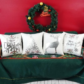 ONWAY Christmas Decorations Silver White Throw Pillow Covers 18x18 Set of 4 Snowflakes Reindeer Decorative Cushion Cases Xmas Decor for Couch Sofa Bedroom