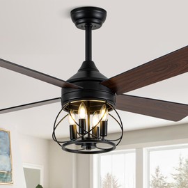 52" Modern Farmhouse Caged Ceiling Fan with Light and Remote, Reversible DC Motor, 4 Double Finish Wood Blades, Rustic Retro Chandelier Fan with Light for Living Room Dining Room Bedroom