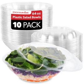 Stock Your Home 64oz Clear Plastic Salad Bowls with Lids Disposable (10 Pack) Extra Large Takeout Container with Snap on Lid for Fruit Salads, Lunch, Meal Prep, Acai Bowl, To-Go Party Containers