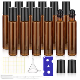 12 Pack Amber Roller Bottles for Essential Oils, 10ml Glass Roll On Bottles for Travel and Lip Gloss, Empty Perfume Roller Ball Applicator Bottle With Lid, Dropper, Funnel, Opener, Labels