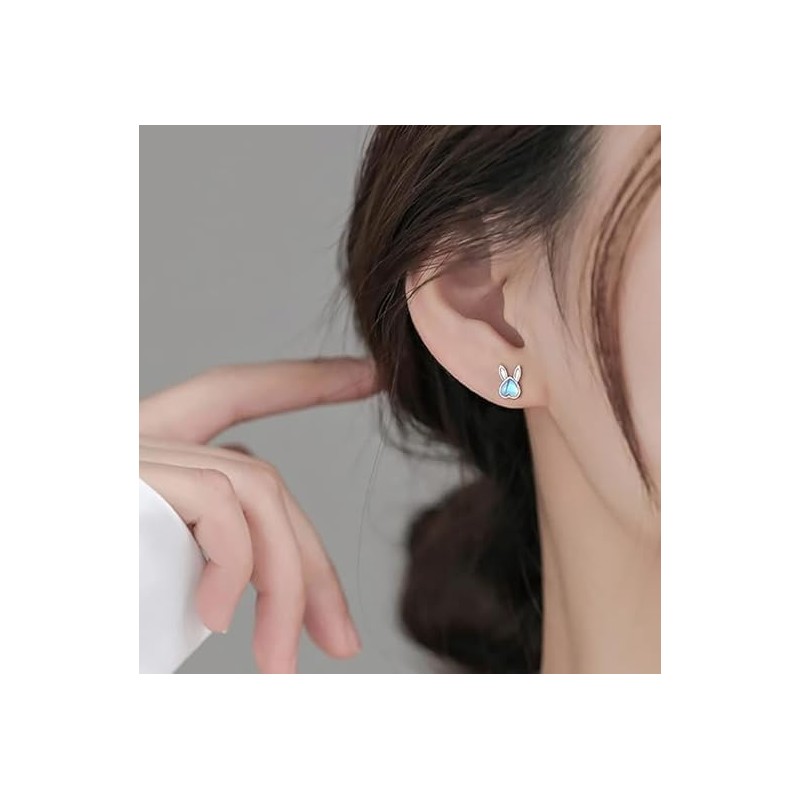 1Pair Silver Bunny Rabbit Stud Earrings for Women Cute Opal