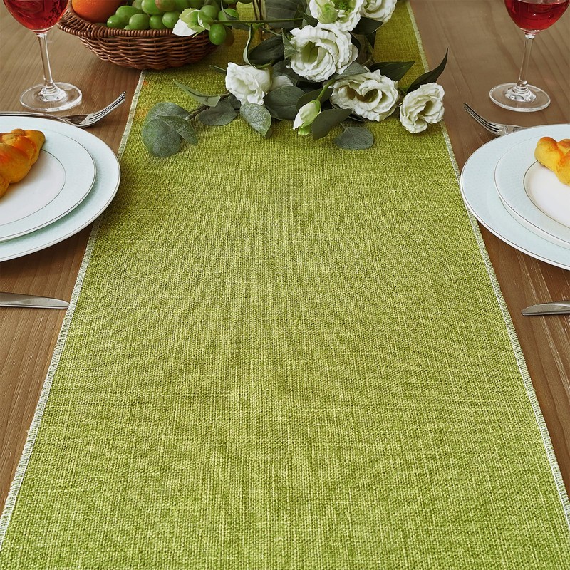 Green Table Runner in Country House Style, Rustic Linen Coffee