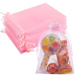 Crweety 50 Pcs Pink Organza Bags 4x6 Inch, Jewelry Pouch Bags Small Mesh Bags Drawstring Gift Bags Goody Bags for Party Favor Wedding