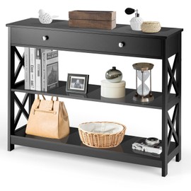 MAT EXPERT 3-Tier Entryway Table, Wooden Narrow Sofa Table with Storage Drawer & Display Shelves, Modern Console Table with X-Design for Living Room, Hallway, Foyer (Black)