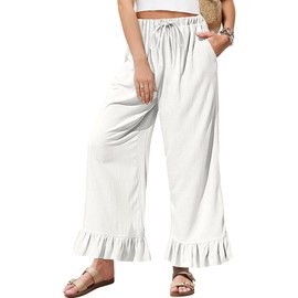 TARSE Linen Casual Pants for Women Wide Leg Drawstring Waist with Ruffle Cuffs Comfy Lightweight Lounge Wear(White,M)