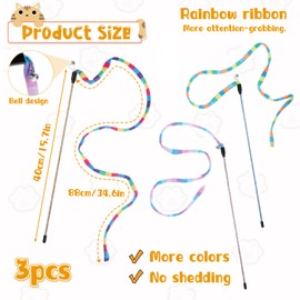 3 PCS Cat Wand Toy, Interactive Cat Teaser Wand Rainbow Wands Toy for Indoor Cats Extended Colorful Cats String Toys with Bells Teaser Wands String for Kitten Kitty Playing Chase Exercise Keep Fit