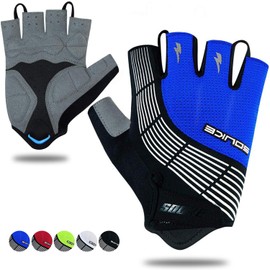 Souke Sports Guantes de ciclismo acolchados de medio dedo, guantes de bicicleta que absorben los golpes, antideslizantes, transpirables, para ciclismo de carretera, para hombres y mujeres, color azul, talla M
