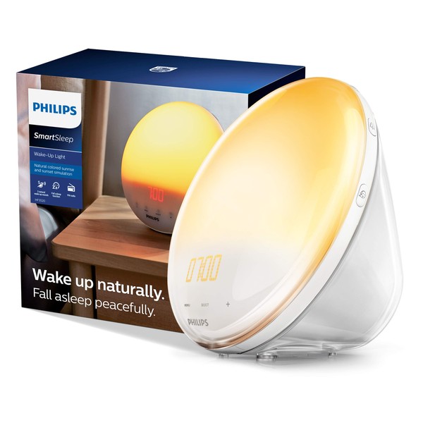 Philips SmartSleep Wake-up Light, Colored Sunrise and Sunset Simulation, 5 Natural Sounds, FM Radio & Reading Lamp, Tap Snooze, HF3520/60, White