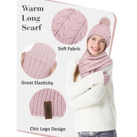 Aneco Women Winter Beanie Hat Scarf Gloves with Pom Pom Fleece Lined Touchscreen Gloves Set Thick Warm Knit Cap 3-in-1 Set Dusty Pink