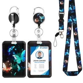 Amabro Butterfly Lanyards with ID Holder, Retractable Badge Reel with Rotating Belt Clip, Removable Vertical Lanyard, Key Ring, Name Tag for Teacher (Blue)