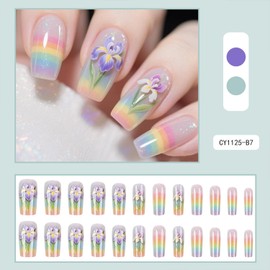 Floral Press on Nails Medium Square Fake Nails with Colorful Flower Rainbow Designs 24 Pcs Natural Reusable Acrylic Nail Full Cover Stick on Nail for Women No Glue WYFHDT