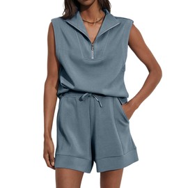 Glamaker Women's Two Piece Short Sets Summer Lounge Sweatsuits Air Essentials Sleeveless Outfits Travel Tracksuit, Blue Grey, Large