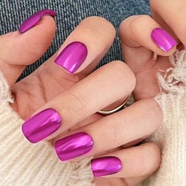 Pink Chrome Press on Nails Medium Square Fake Nails Holographic False Nails with Designs Metallic Glue on Nails Full Cover Acrylic Artificial Nails Glossy Stick on Nail for Women Nail Manicure