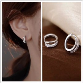 Women Girl Sterling Silver Plated Double Lines CZ Huggie Hoop Earrings 12mm PE64