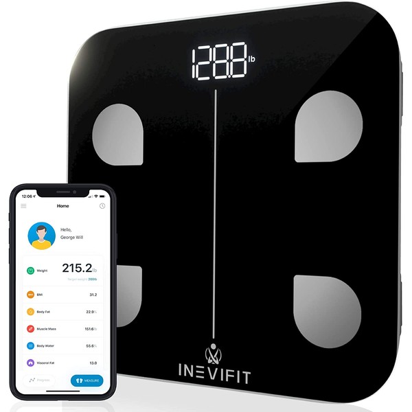INEVIFIT Smart Body Fat Scale, Highly Accurate Bluetooth Digital Bathroom Body Composition Analyzer, Measures Weight, Body Fat, Water, Muscle, Visceral Fat & Bone Mass for Unlimited Users (Black)
