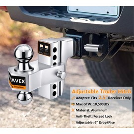 Adjustable Trailer Hitch-Drop Hitch Fits 2.5-Inch Receiver -6" Drop/Rise Tow Hitch with 2" and 2-5/16" Tow Balls-18,500GTW with Double Anti-Theft Pins Locks (Silver)