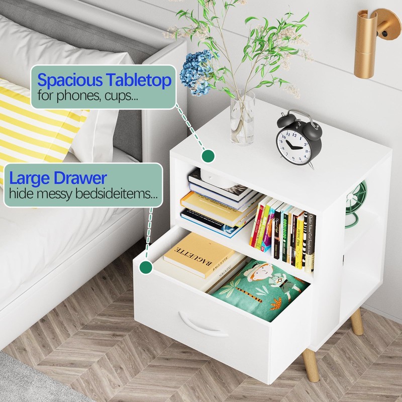 Aenuert Night Stand, White Kids Nightstand with Drawer, Nursery Side