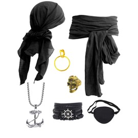 7pcs Pirate Costume Accessories for Women Men Pirate Head Scarf Pirate Sash Belt Eye Patch Necklace Accessories Black