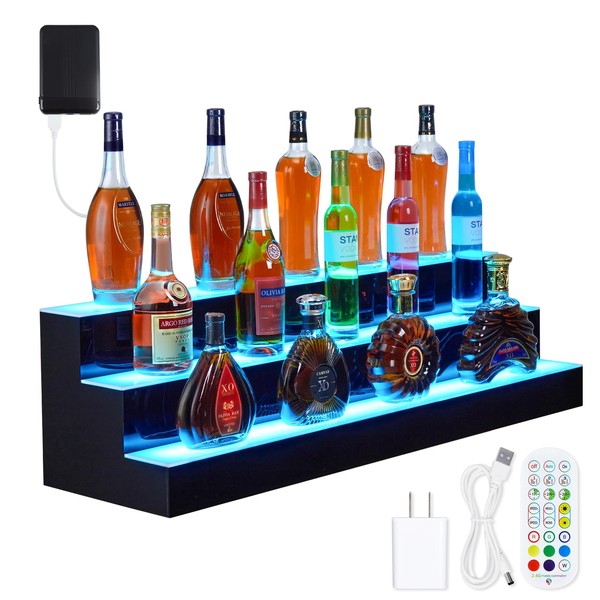 GarveeTech LED Lighted Liquor Bottle Display Shelf - 3-Step, 24-Inch,