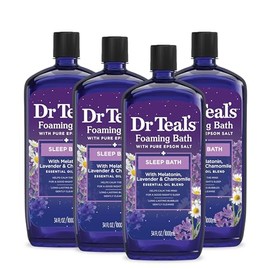 Dr Teal's Baño espumoso con sal pura de Epsom, melatonina para dormir con mezcla de aceites esenciales, 34 onzas líquidas (paquete de 4)