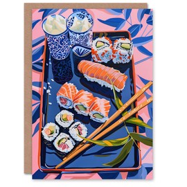 Artery8 Greeting Card Sushi Colourful Stylised Food Flatlay Painting Blank For Him Or Her Art Birthday Card