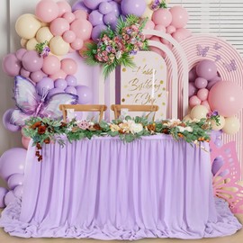 QueenDream Lavender Chiffon Table Skirt 6ft for Rectangle Tables Purple Mermaid Table Skirting for Wedding Birthday Butterfly Party Baby Shower