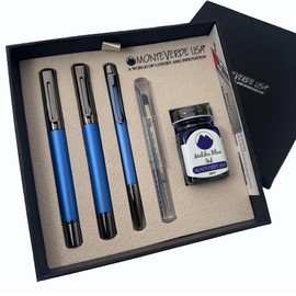Monteverde Ritma 3+2 Piece Gift Set, Blue - Includes Broad Nib Fountain Pen, Rollerball, Ballpoint, 30ml Ink & Refill - Premium Writing Set for Professionals & Collectors