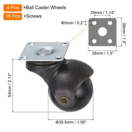 sourcing map 1.5 Inch Ball Caster Wheels, Swivel Furniture Casters Set of 4, 360 Degree Rotatable Plate Caster Wheels for Furniture, Bronze Tone