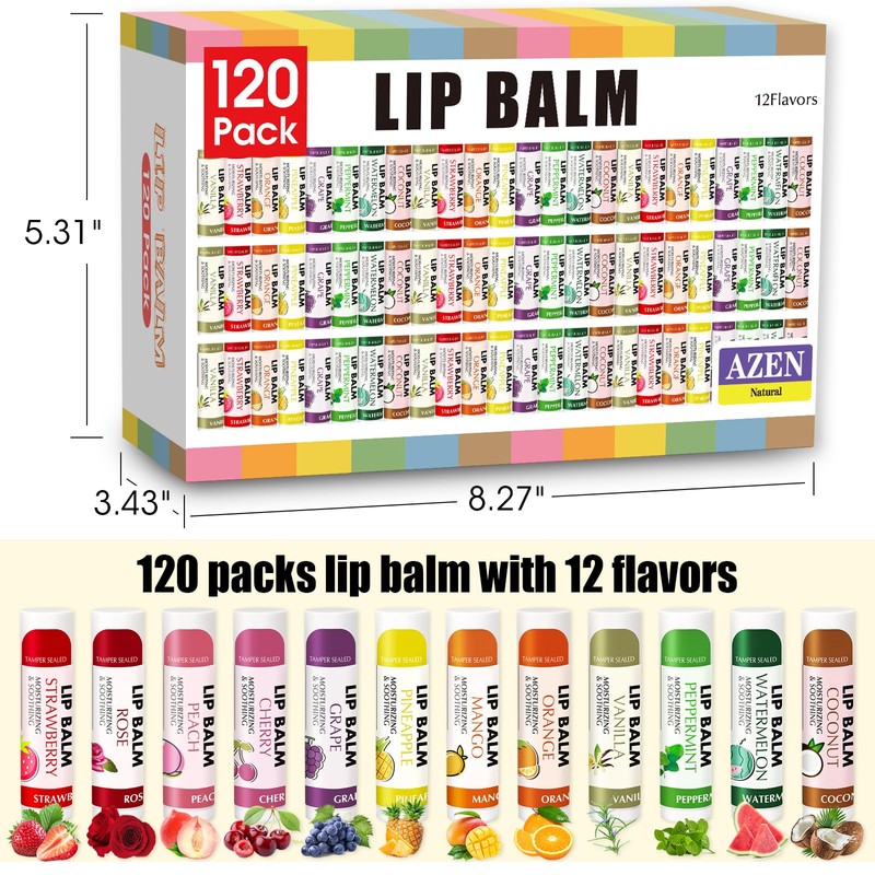 AZEN 120 Pack Lip Balm, Natural Lip Balm Bulk, Lip